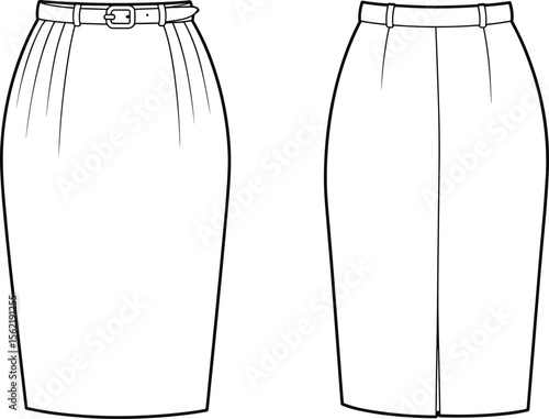 High waist pencil skirt technical fashion flat, front and back view, vector line art, belt detail, apparel cad drawing