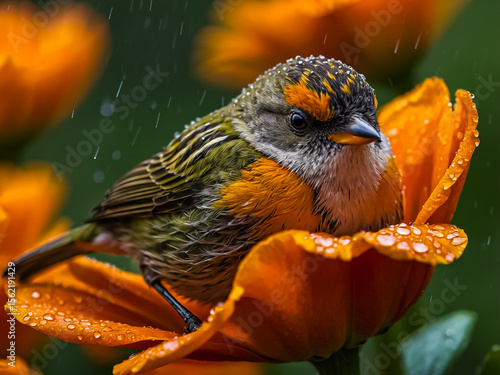 Closeup view of a small beautiful cute bird with rain water droplets on the feather