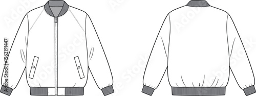 Front and back view of bomber jacket with ribbed cuffs, waistband, zip closure, pocket flaps, flat sketch, fashion vector illustration