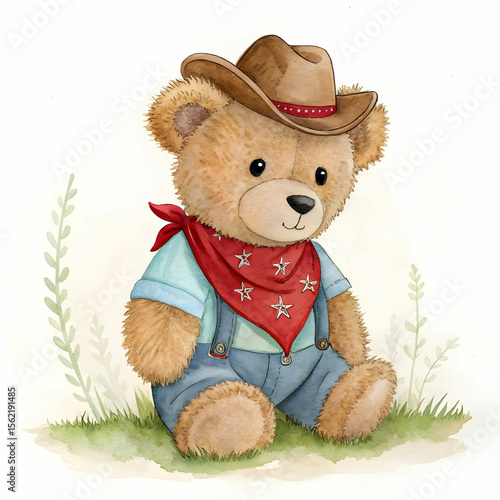 Realistic watercolor painting of teddy bear in cow