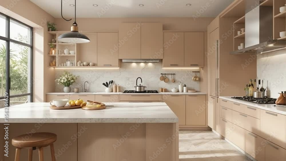 Modern Kitchen Interior with Island, Light Wood Cabinets and Natural Light from Large Windows Modern Kitchen Interior with Island, Light Wood Cabinets and Natural Light from Large Windows