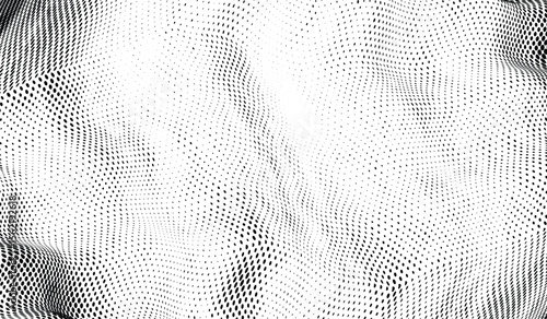 Abstract halftone vector background with warped dots in black and white. Flowing wavy distortion pattern grunge texture dotted texture.