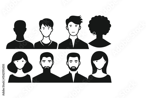 Diverse group of people silhouettes representing different genders and styles isolated on white background