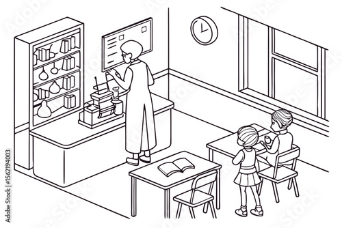 Line art coloring page of a classroom with a science experiment in progress, showing a teacher and students observing