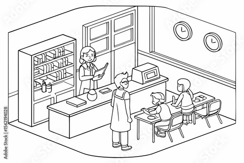 Line art coloring page of a classroom with a science experiment in progress, showing a teacher and students observing