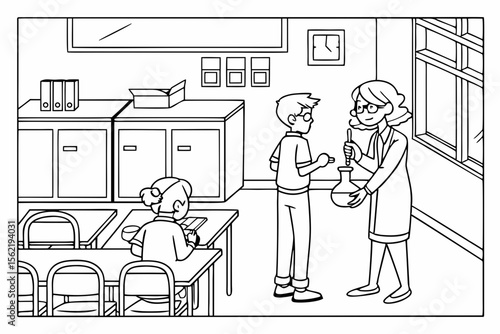 Line art coloring page of a classroom with a science experiment in progress, showing a teacher and students observing