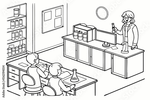 Line art coloring page of a classroom with a science experiment in progress, showing a teacher and students observing
