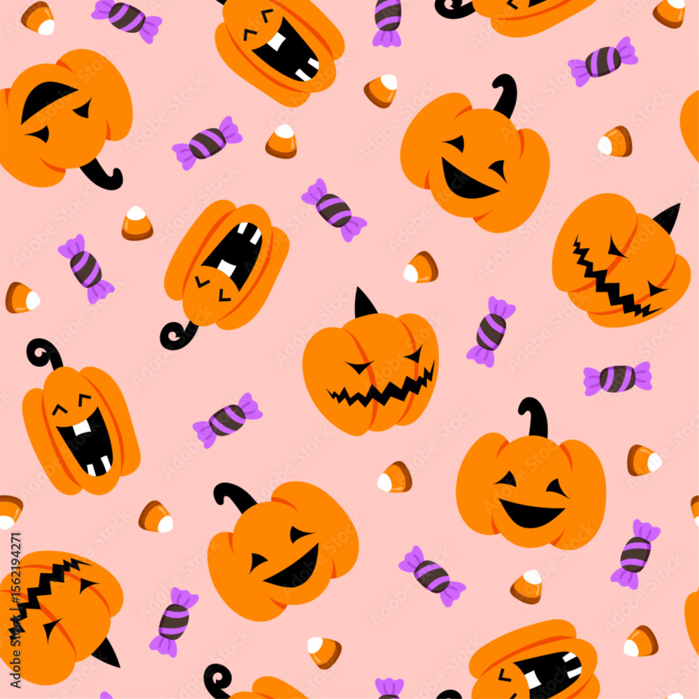 Cute Halloween pumpkin seamless pattern. Vector holiday print with orange smiling spooky pumpkins and candies on pink background. Happy Halloween print for wrapping, cover, decor, wallpaper, fabric. Cute Halloween pumpkin seamless pattern. Vector holiday print with orange smiling spooky pumpkins and candies on pink background. Happy Halloween print for wrapping, cover, decor, wallpaper, fabric.