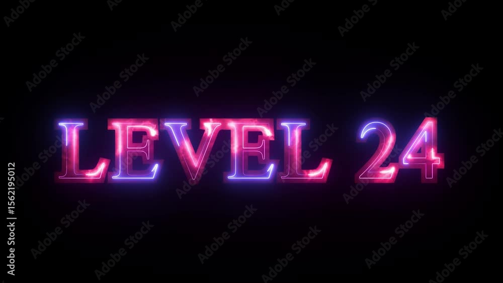 Neon Level 24 text font animation. Letters spelling out level Up appear screen display animation. Level Up neon sign text animation. Neon Level 24 text font animation. Letters spelling out level Up appear screen display animation. Level Up neon sign text animation.