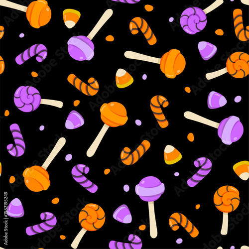 Halloween candies seamless pattern. Vector Halloween repeat print with candy corn, lollypop, sweets on black background. Funny texture for fabric, decoration, wallpaper, wrapping paper, backdrop.