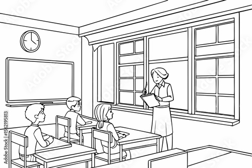 Line art coloring page of a classroom with a teacher writing on a blackboard, and students looking on