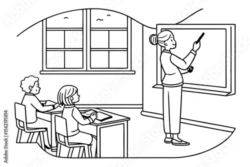Line art coloring page of a classroom with a teacher writing on a blackboard, and students looking on