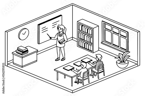 Line art coloring page of a classroom with a teacher writing on a blackboard, and students looking on