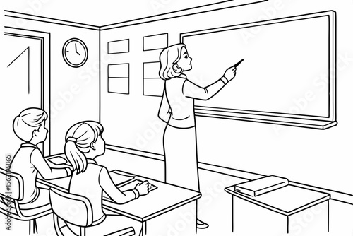 Line art coloring page of a classroom with a teacher writing on a blackboard, and students looking on