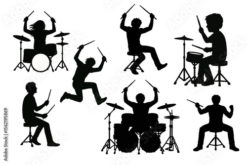 Drummer silhouette vector set of musicians playing drums in different poses