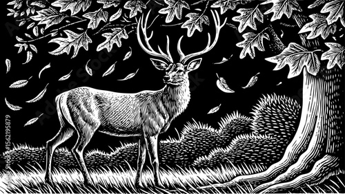 forest deer with tall antlers standing near falling leaves, perfect for eco posters, autumn decor, folklore designs or neck tattoos a black and white line art illustration