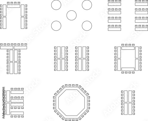 seat plan, chairs and tables symbol, scheme architectural plan for office, classroom, restaurant, conference room, Family dining, Hollow rectangle, E and T and octagon meeting style, customizable 