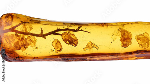 Amber piece with ancient plant inclusions.  A piece of fossilized tree resin, preserving ancient plant and insect life.  Visible are branches and small plant particles trapped within the amber