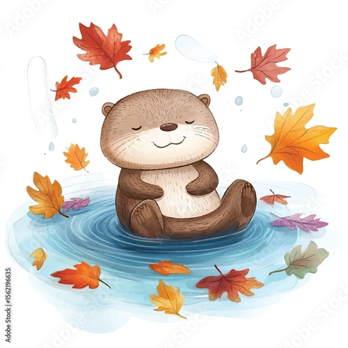 Peaceful Otter in Autumnal Pond with Falling Leaves