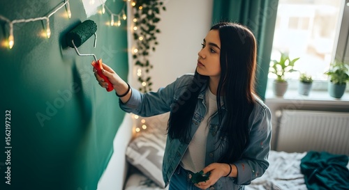 Focused Teenager Painting Bedroom Wall Emerald Green with Roller String Lights Denim Jacket.