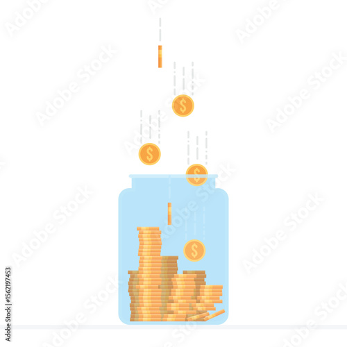 A clear jar with piles of golden coins inside. Additional coins are dropping into the jar. The scene represents saving money, financial growth, and investment concepts.