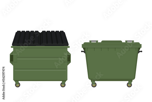 Two identical, green metal dumpsters. One has a closed black lid and the other has a closed green lid. Both are on a clean, white background with cast shadows.