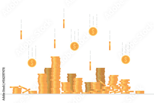 A financial depiction showcases stacks of golden coins, complemented by falling currency.  The scene is on a clean white background, illustrating growth and prosperity.