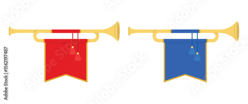 Two golden trumpets adorn red and blue banners, suspended by cords and ending in decorative tassels. Set against a pristine white background, they bring fanfare.