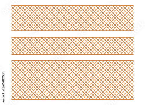 The image shows three sections of wooden trellis with a diamond pattern, set against a plain white background. The trellis sections are horizontally oriented and parallel.