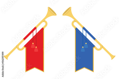 A pair of heraldic trumpets, one with a red banner and the other with a blue banner, arranged symmetrically on a white background, symbolizing announcements.