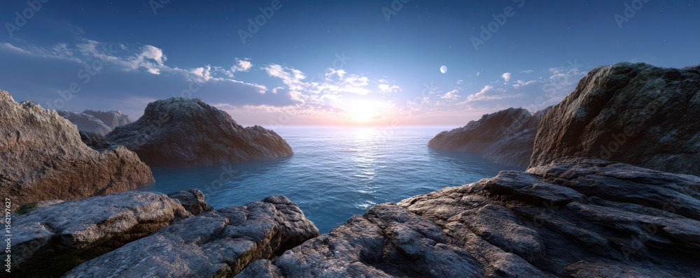 Fototapeta premium Rocky cliffs surround a calm ocean at sunset, with soft clouds and a serene, pastel-colored sky.
