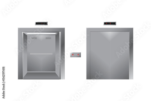 Two elevator doors, one open revealing the interior, the other closed, both with floor number indicators displayed above them on a white background, plus control buttons.