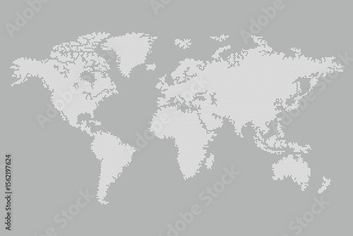 A world map made of small hexagonal dots against a gray background. It offers a modern take on cartography, representing landmasses with a geometric pattern. 