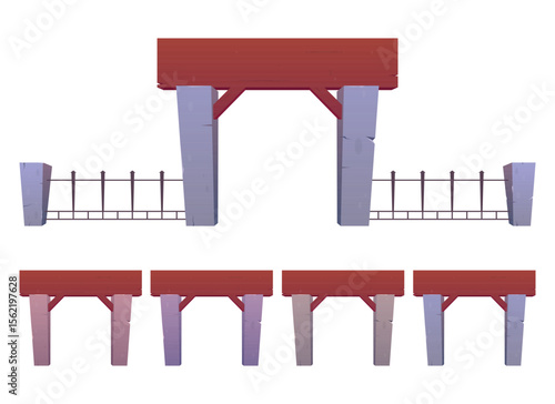 The image depicts a collection of wooden gates with stone pillars in varying shades. Additionally, a section of a metal fence is included, set against a plain backdrop.