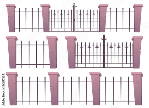 This illustration features several sections of decorative metal fences with stone posts. One section includes a gated entrance with a spear design atop the gate. 
