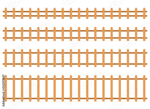 Four rows of different wooden fence types are arranged on a white background. The fences are made of planks and posts, varying in height and spacing.