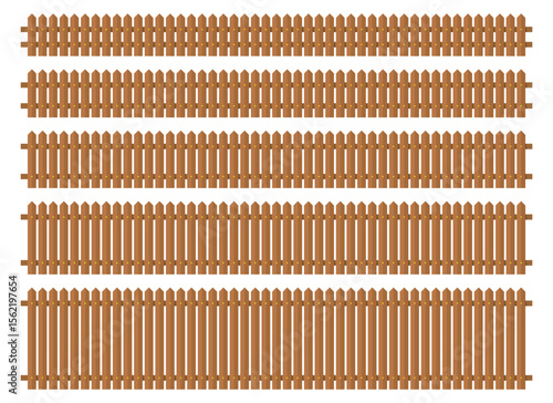 The image displays a collection of wooden fence sections, each slightly different, against a white background. The fences showcase varying heights and picket designs.