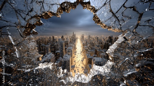Cityscape viewed through shattered glass