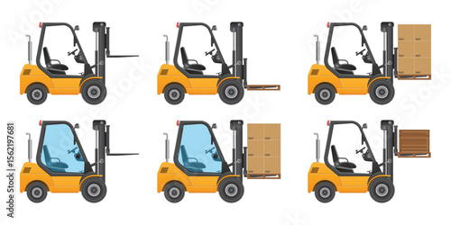 A collection of yellow forklifts in different positions transporting goods, like boxes on pallets and empty forks. Some forklifts have cabins with blue windows.