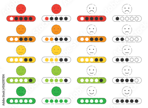 A set of different ratings denoted by color coded bars, stars, and smiley faces, ranging from a sad red face to a happy green face. Scores show different sentiment levels.