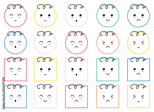 The image displays a grid of colorful kawaii style emoji faces, some circular and some square, expressing a range of emotions on a plain white background.