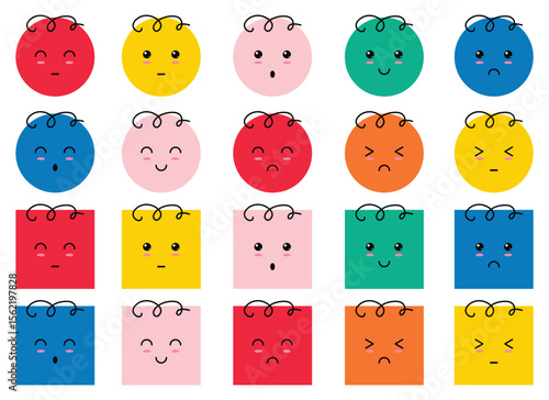 A collection of colorful faces with different emotional expressions. Round faces and square faces display various feelings such as happiness, sadness, and surprise. 
