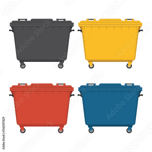 Isolated on a white background are four wheeled refuse containers in gray, yellow, red, and blue, suitable for managing waste in residential or commercial settings.