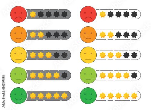 An illustration of a customer feedback scale depicting smiley faces and stars to rate satisfaction levels, ranging from negative to neutral to positive in a flat vector.
