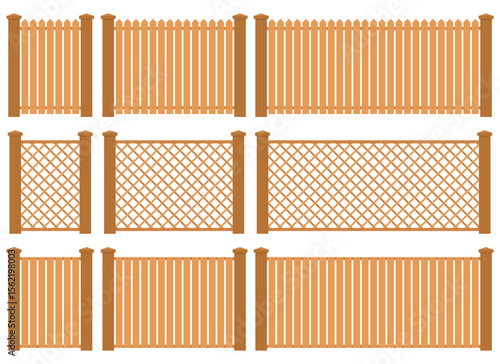 A vector illustration showcases three sets of light brown wooden fences with varying lengths and styles, set against a plain white backdrop, offering a neat visual.