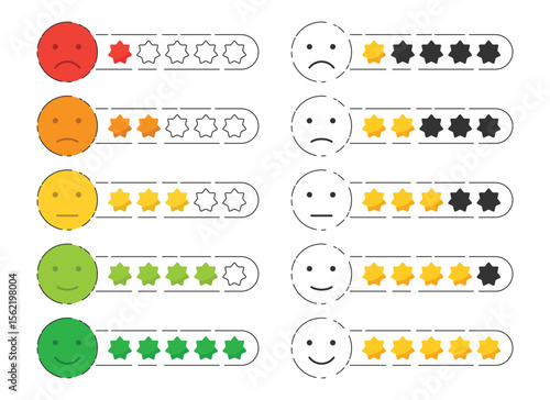 This image represents customer satisfaction through emotion icons, ranging from sad to happy, each paired with a rating scale visualizing different satisfaction levels.