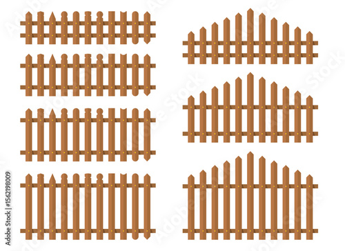 This image shows a collection of different types of wooden fences. Each fence has unique designs with varying picket heights and decorative styles. The fences appear new and well-maintained.