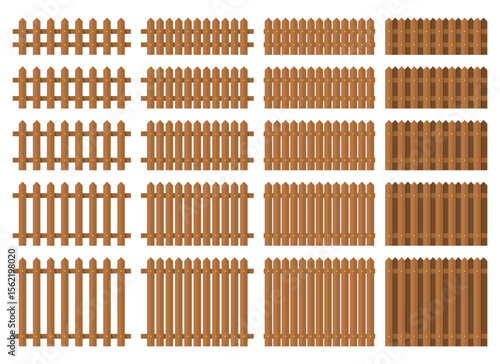 An arrangement of different wooden fence patterns, showcasing various styles. Each design demonstrates different picket spacing, heights, and overall construction. Isolated on a white background.
