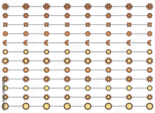 A collection of rows displays different flower designs. Each row shows a unique floral variation repeated along a horizontal line, ideal as dividers for design elements.