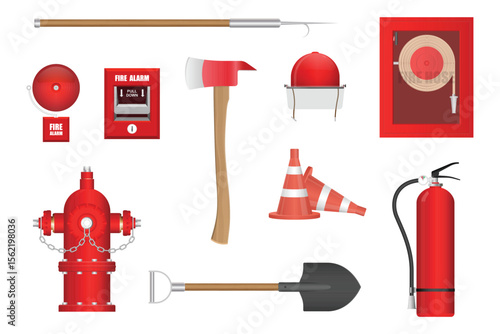 Collection of firefighting tools and safety equipment includes extinguisher, axe, hydrant, fire alarm, helmet, hose reel, pike pole, shovel, and traffic cones for emergency response.